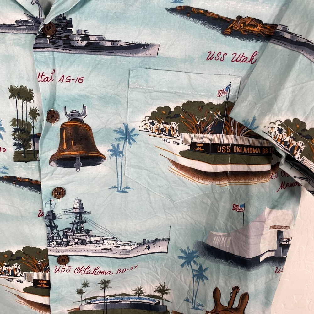 Kalaheo Shirt Mens Large‎ Blue Hawaiian Camp Ocean Ships Navy Boats USS - Picture 3 of 9